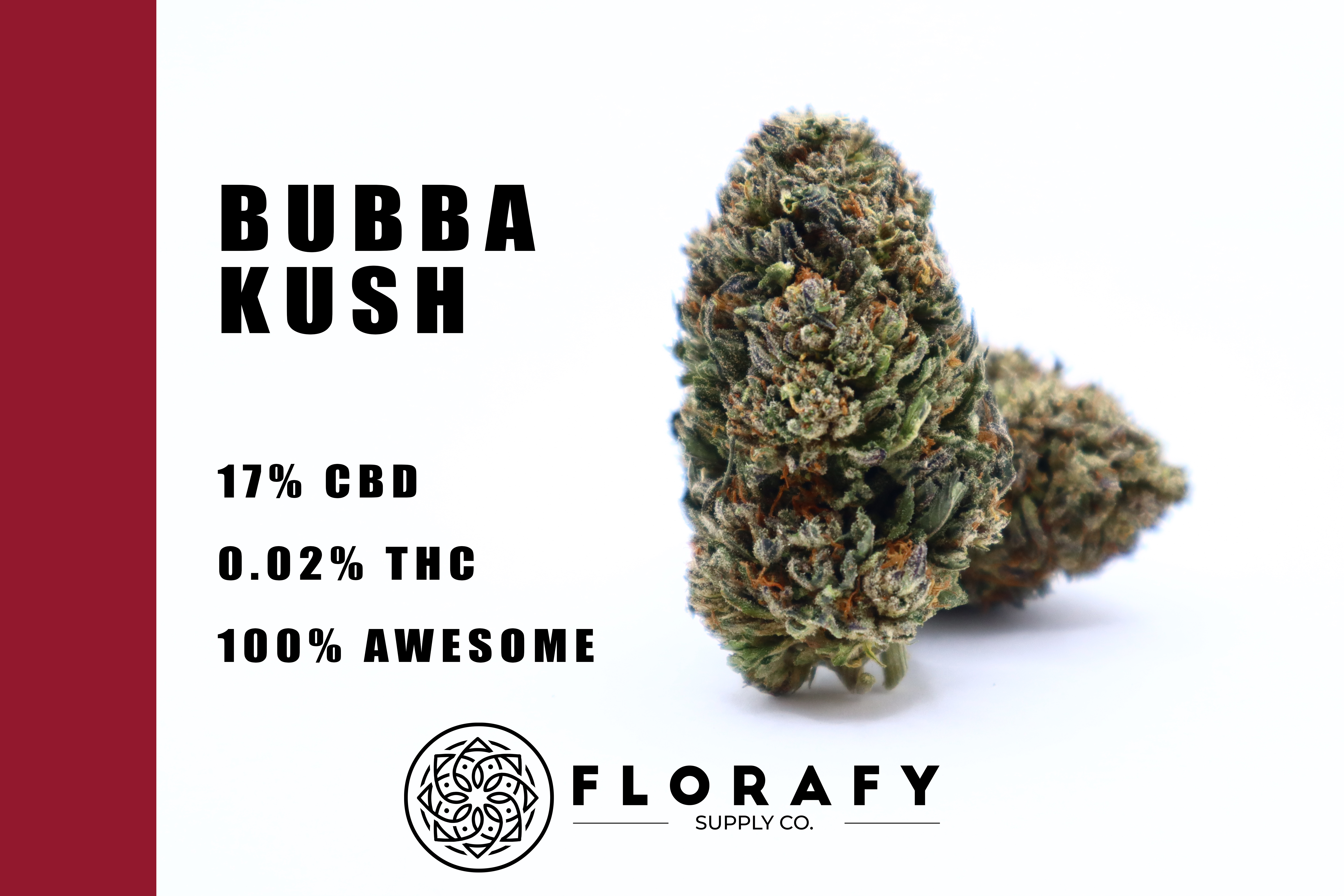 Bubba Kush cannabis flower product card with cannabinoid stats and the Florafy Supply Co. logo