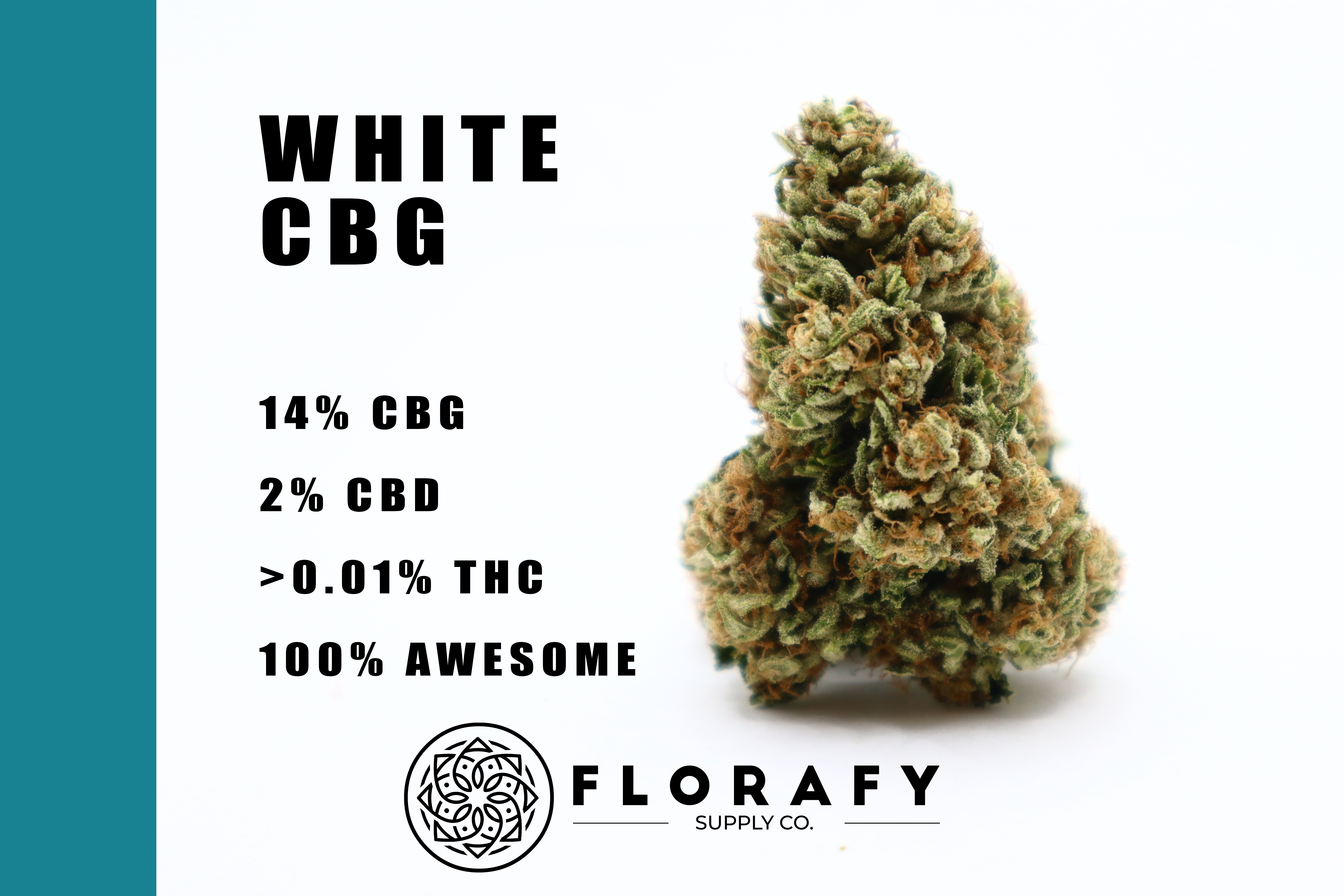 White CBG cannabis flower product card with cannabinoid percentages and the Florafy Supply Co. logo