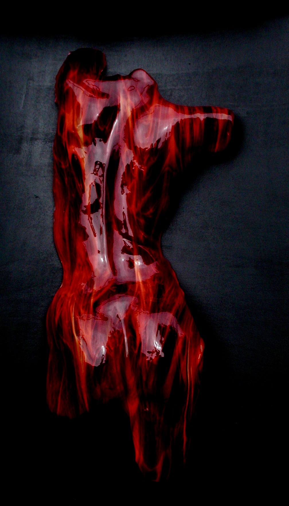 Vertical red-and-black marbled fine-art figure study on a slate-gray ground